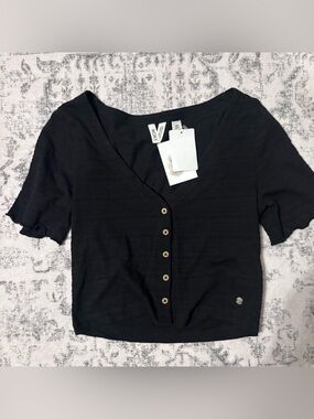 Roxy Black Short Sleeve Button-Front Top sz Small